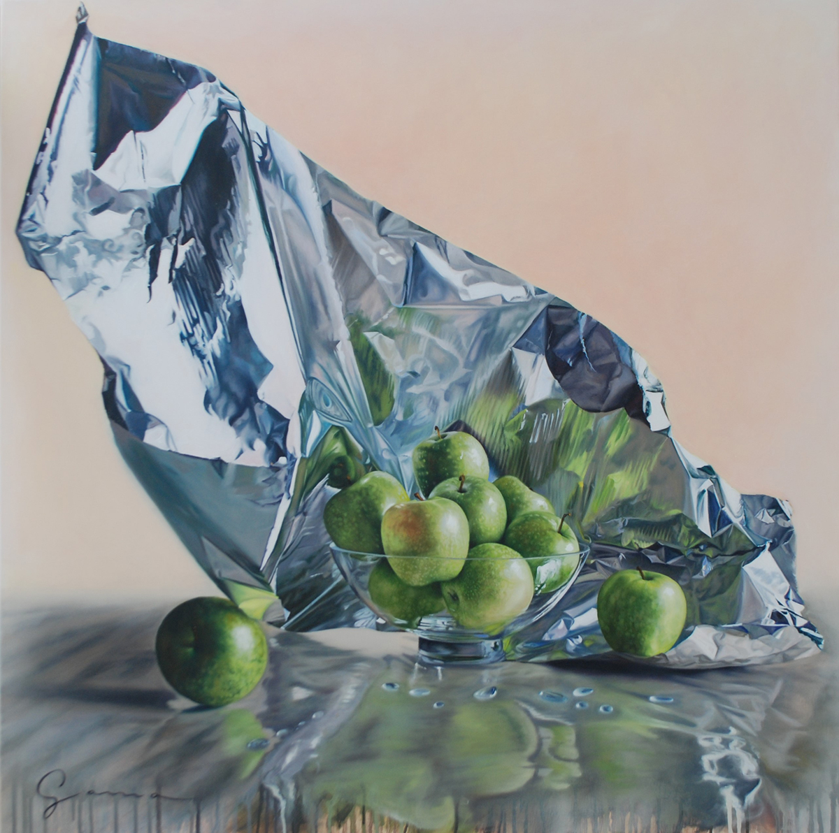 Pommes vertes et drapé métallique II, Huile sur toile - Oil on canvas,36x36 po. -inches