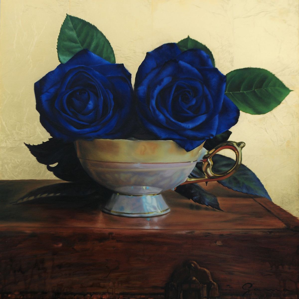 Tasse ancienne et roses VI, Huile et feuille d'or sur panneau -Oil and gold leaf on wooden pannel, 20x20 po.-inches.