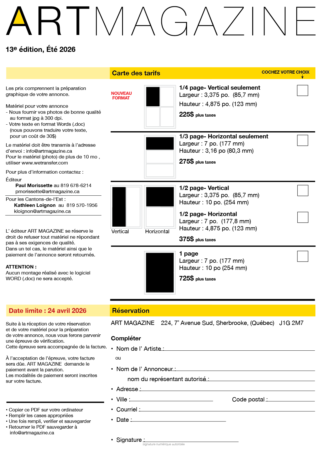 Carte des tarifs 2026 A
